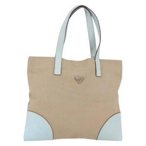 PRADA Tote Bag Canvas Leather Beige Light Blue